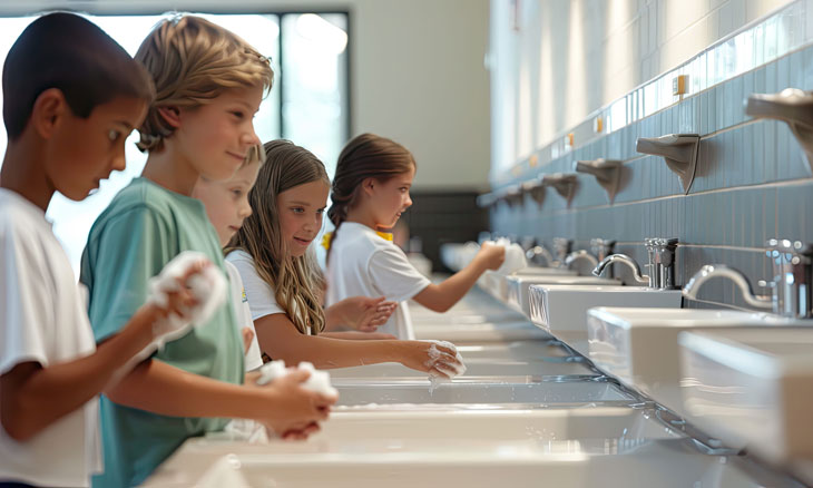 Children washing their hands in a school bathroom.