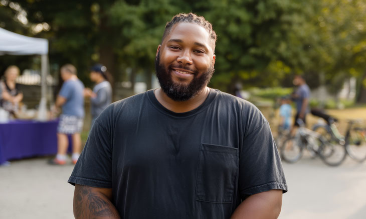 African American man poses in front of outdoor event.