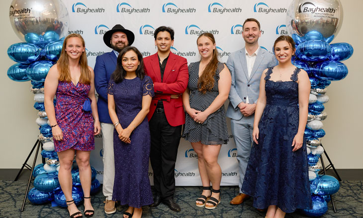 The first graduates of the Bayhealth Family Medicine Residency Program include (left to right) Samantha Ginder, DO; H. Kendall Barton, MD; Tahseen Chowdhury, MD; Sameer Valluri, MD; Paulina McCabe, DO; Eric Moseley, MD; and Melissa Eppinger, MD. Drs. Barton and McCabe are staying in Delaware and have joined Bayhealth practices where they will continue to provide care for our local community. 